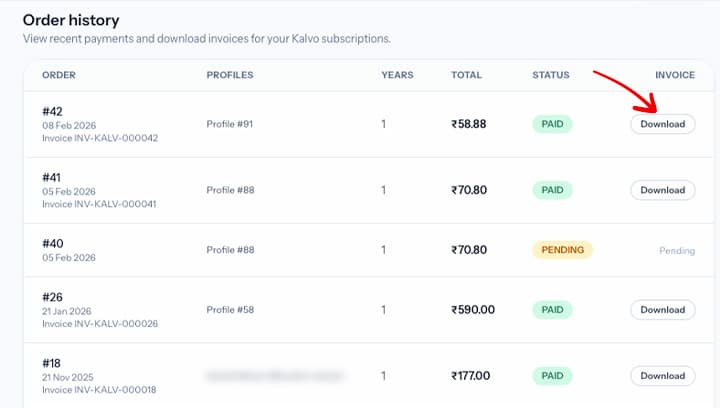 Invoice list and download action